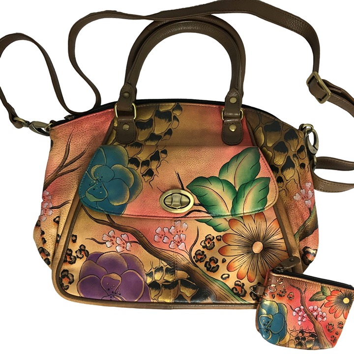 Anuschka LIKE NEW Handpainted Leather Satchel Cross Body Bag Orange Floral