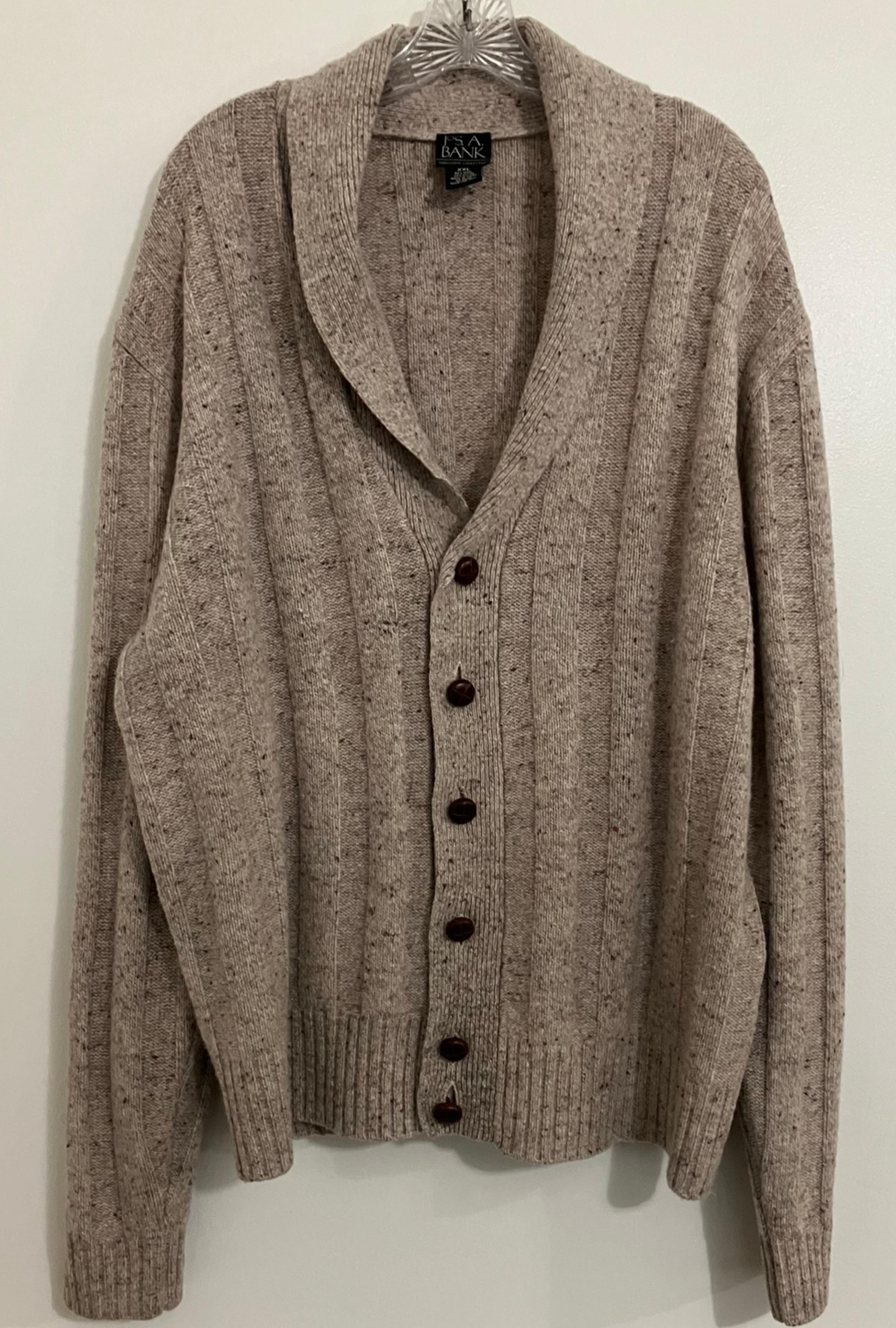 Jos A Banks Wool Cardigan Sweater Tan Elbow Patches Old Money Retro Grandpa XXL
