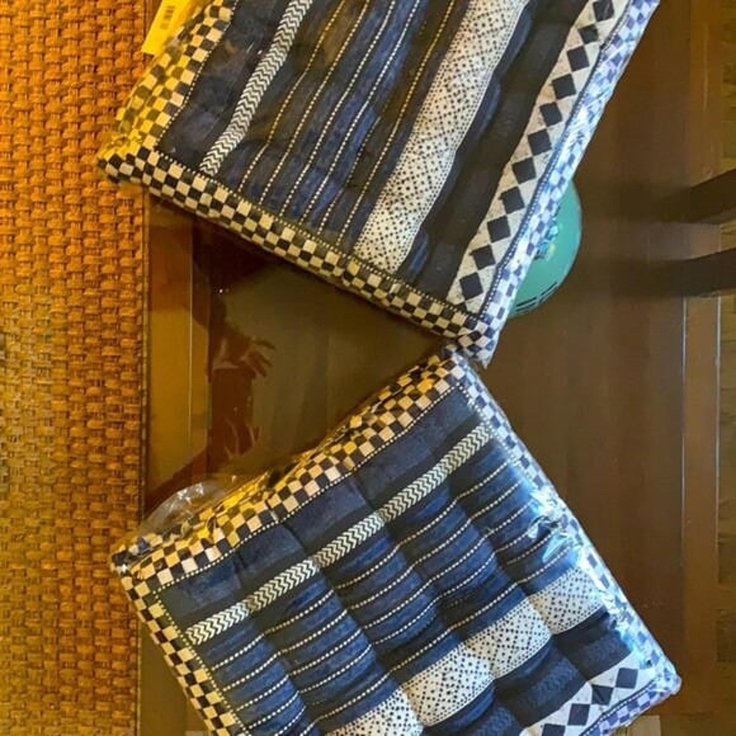 Mackenzie Childs Set of 2 Blue Cushions Chair Pads Retired Rare Harlequin