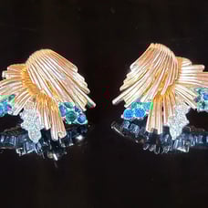 Boucher Earrings Vintage 50s Clip-Ons Gold-Tone Clear & Blue Rhinestones Signed