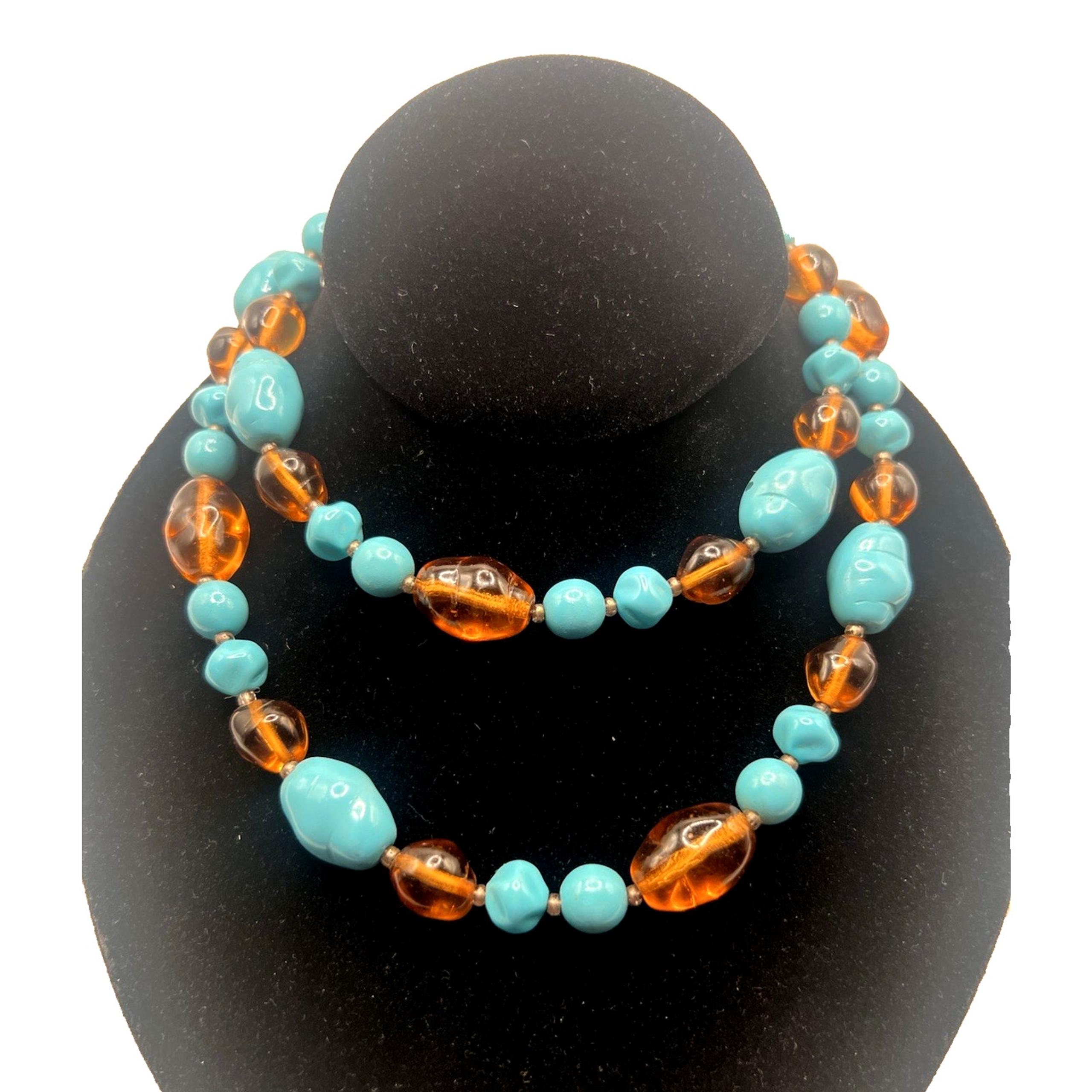 FAB! SIGNED JOAN RIVERS FACETED GLASS AMBER & TURQUOISE BEADED NECKLACE