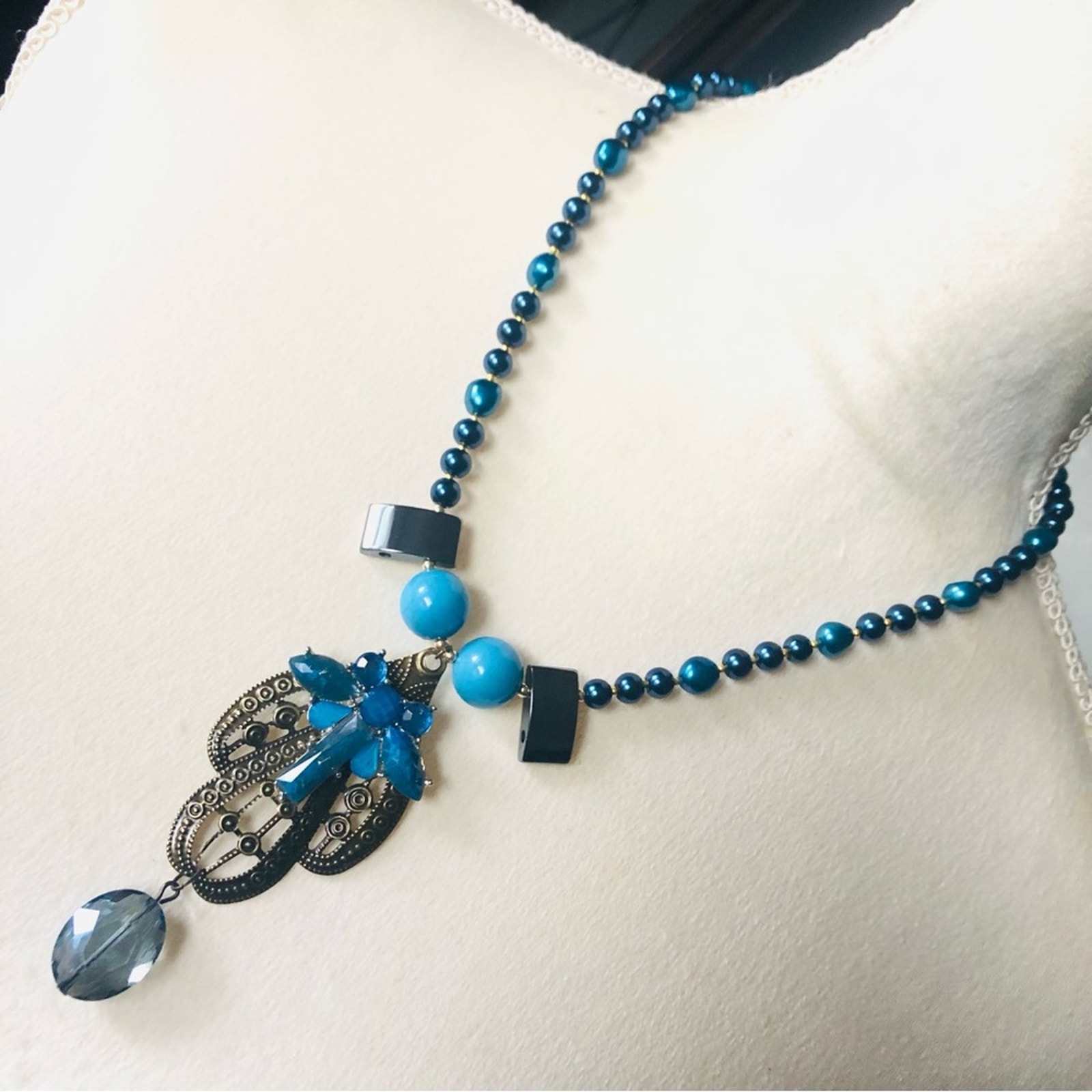 Handcrafted repurpose peacock freshwater filigree Czech glass Pearl necklace