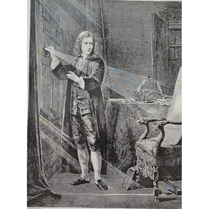 ISAAC NEWTON ANALYZING THE RAY OF LIGHT by William Loudan 1894 Antique Print