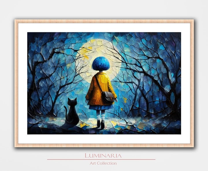 13x19 Coraline Inspired Art Print Wall Home Decor Moon Stars Nightscape Cat