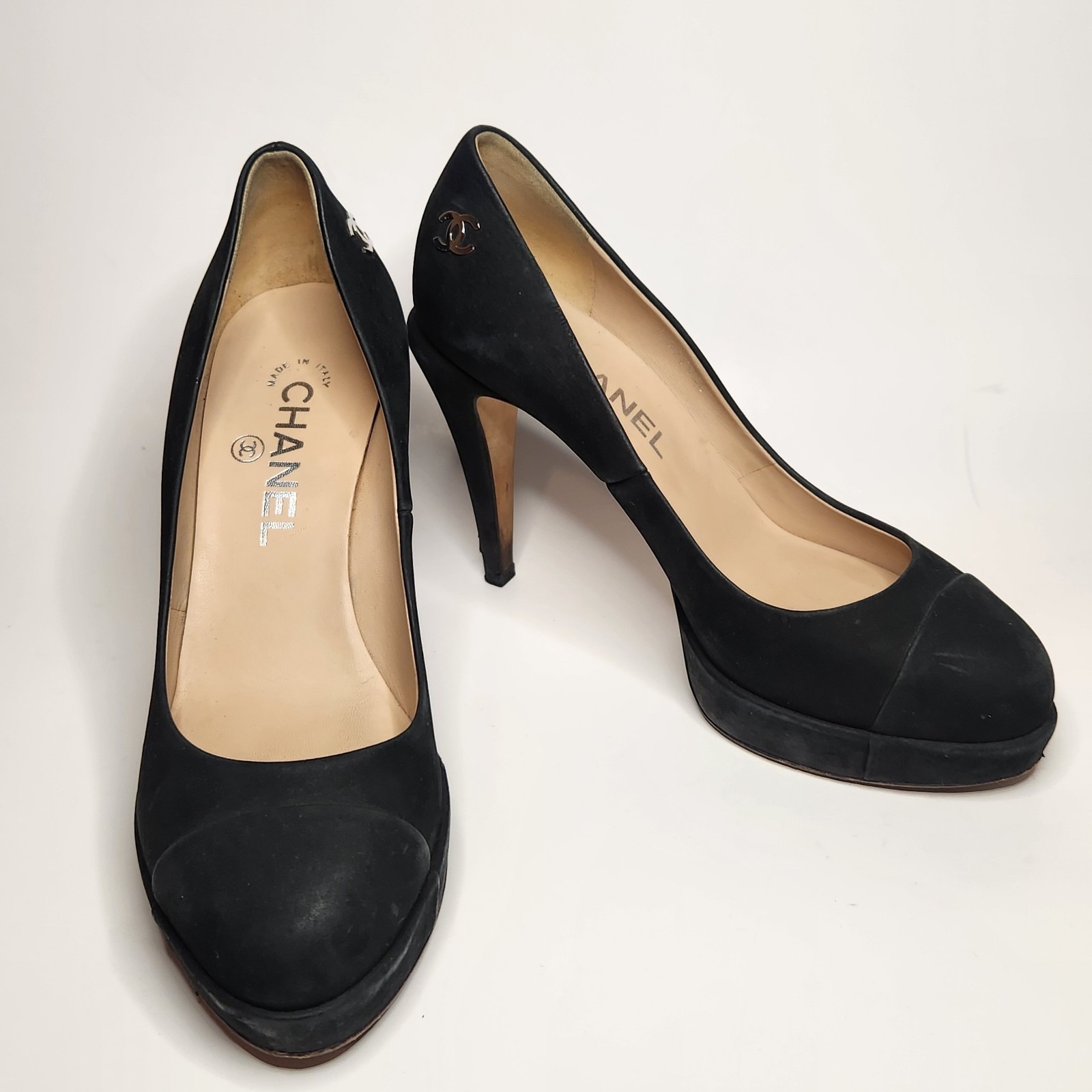 Chanel Black Nubuck Leather High Heels Cap Toe IT37.5/US 7.5 FITS SMALL