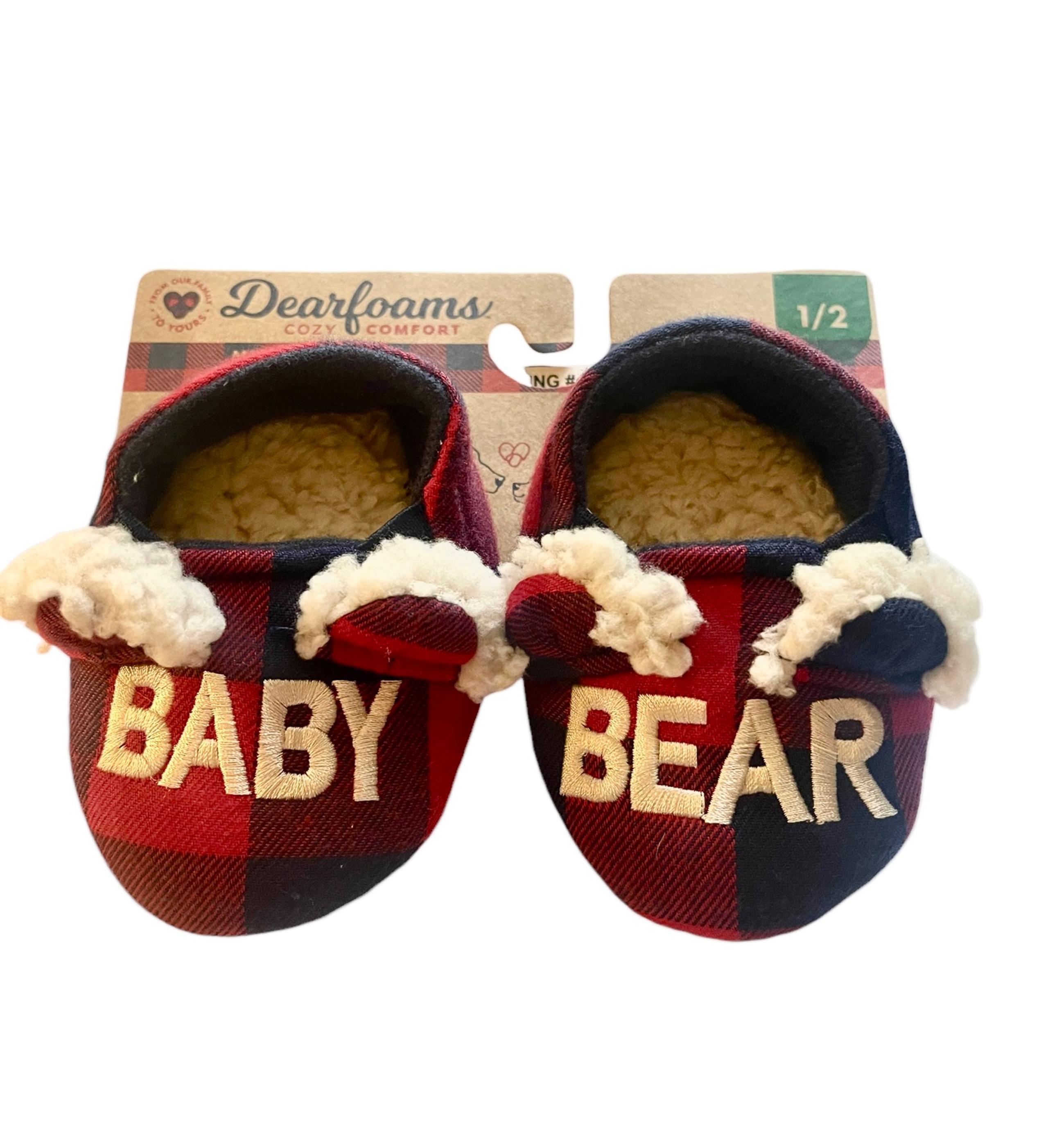 NEW Dearfoams Baby Bear Slippers Shoe Size 1-2 Infant Plaid Sherpa Memory Foam
