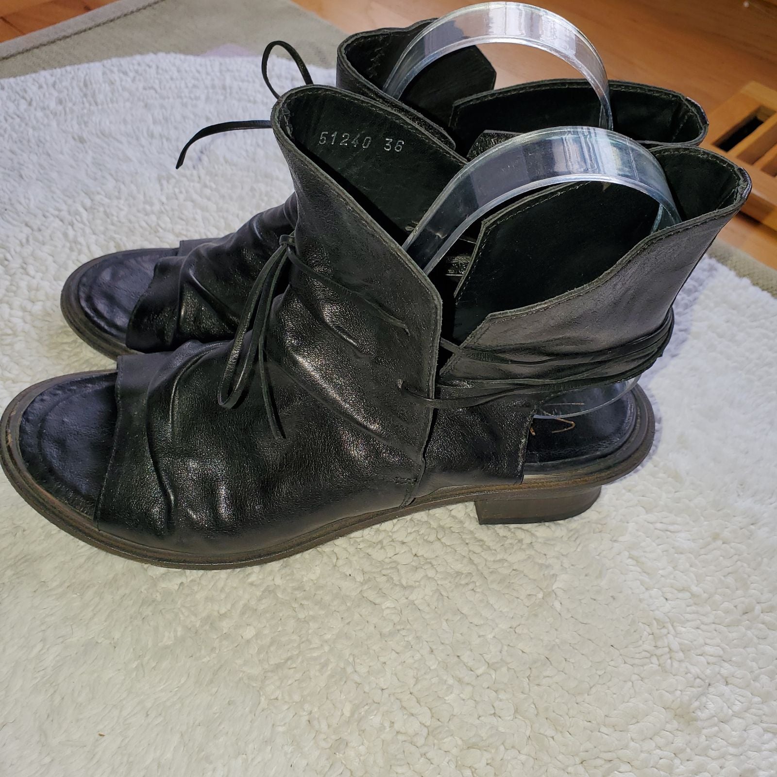 Shoto Handmade Italian Ruched Peep Toe Leather Ankle Booties 36/7