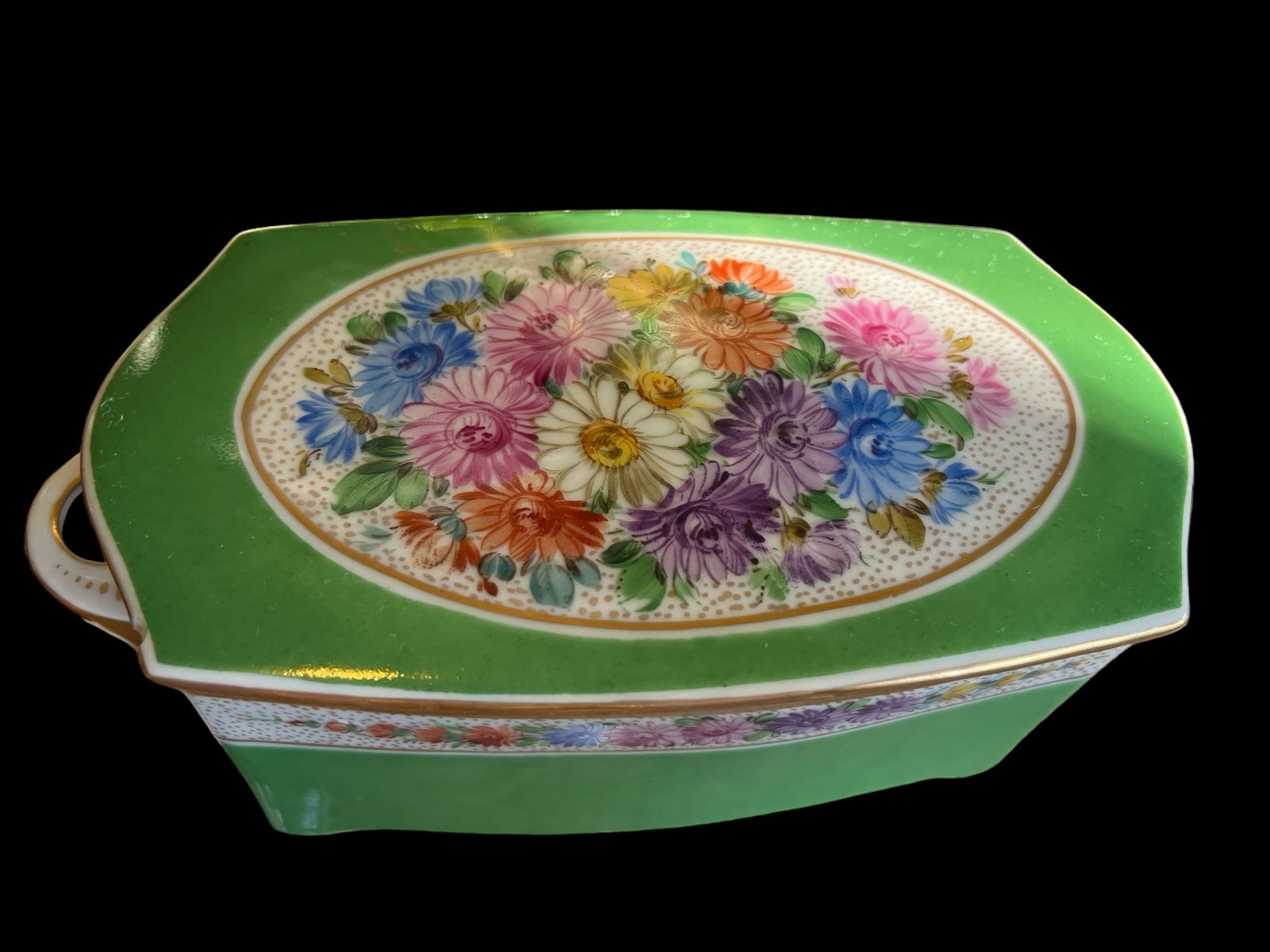 ANTIQUE LARGE GREEN/WHITE/GOLD PORCELAIN BOX W/ HAND PAINTED FLOWERS RARE!