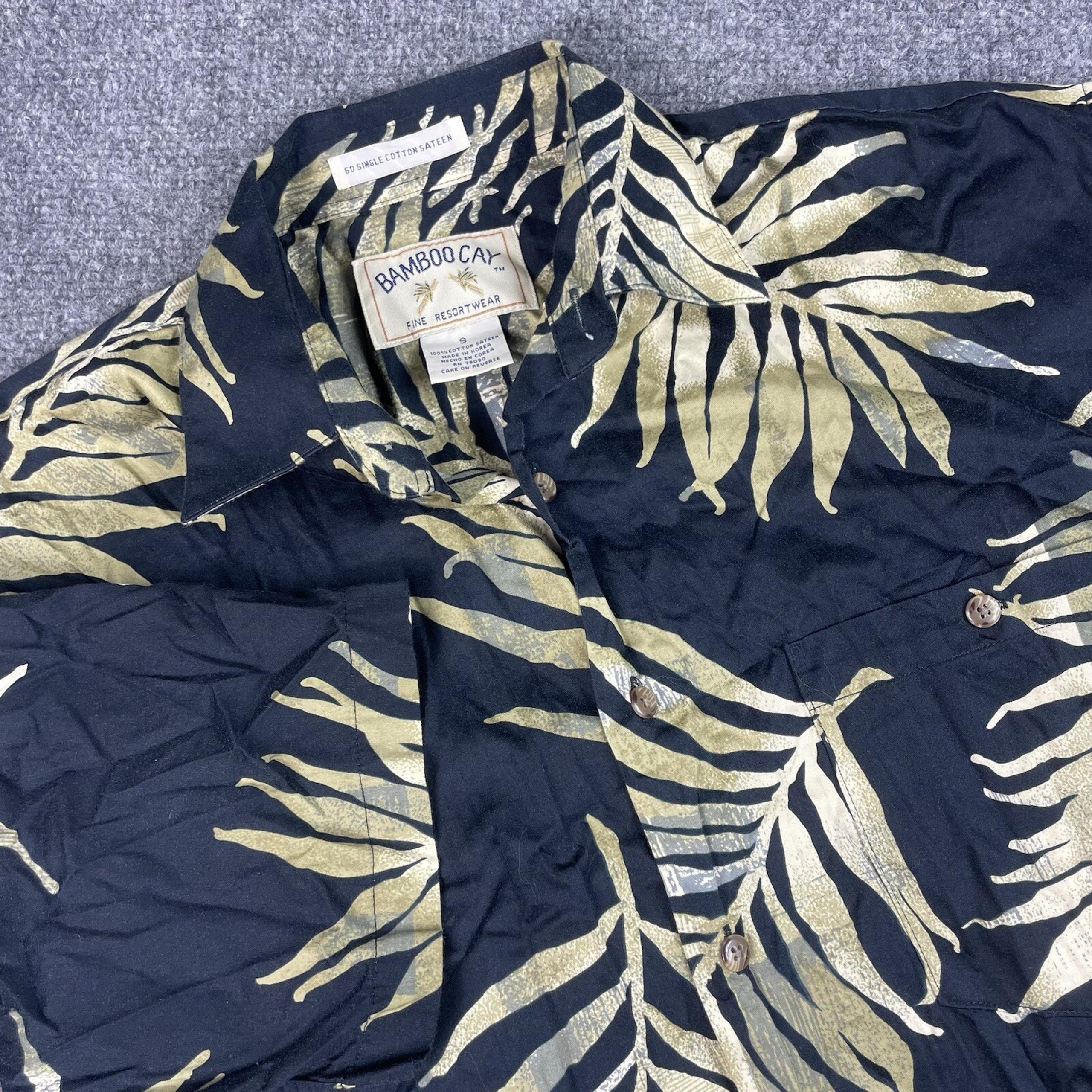 Bamboo Cay Shirt Small Black Short Sleeve Cotton Sateen Hawaiian Aloha Leafs Men
