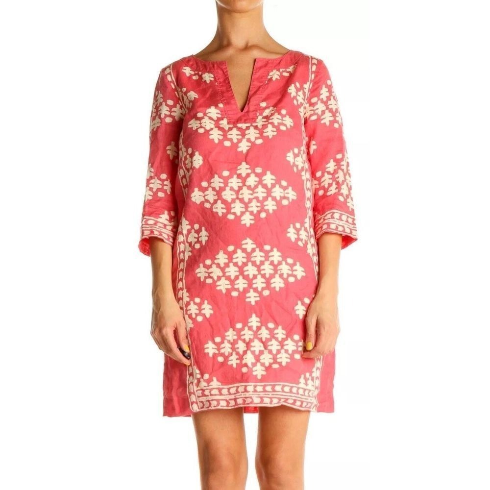 J Crew Dress Women 2 Linen Shift Salmon Pink Beige Geometric Tunic Lined V Neck