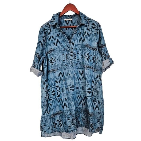 Soft Surroundings Blue Chambray Geometric Print 3/4 Sleeve Collared Tunic Top L