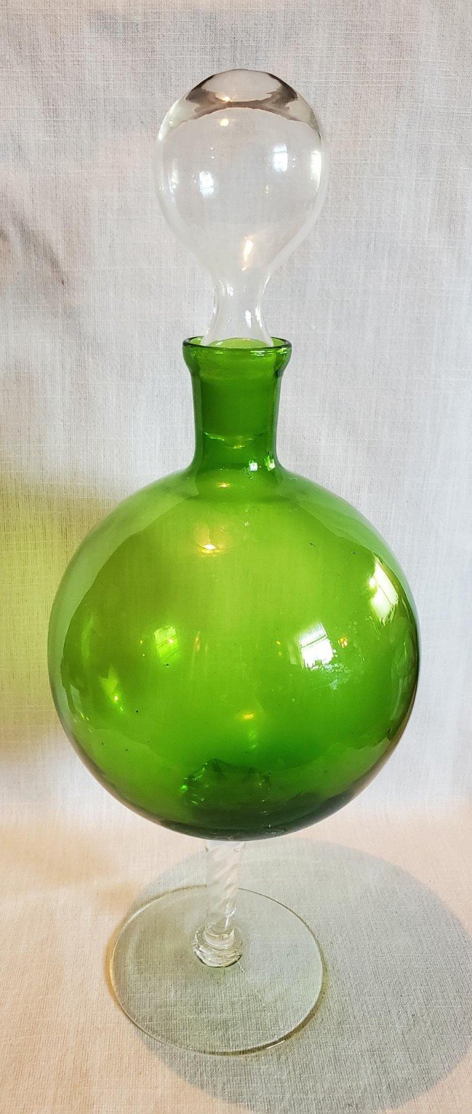 Vintage 60s Midcentury Green Glass Stemmed Decanter