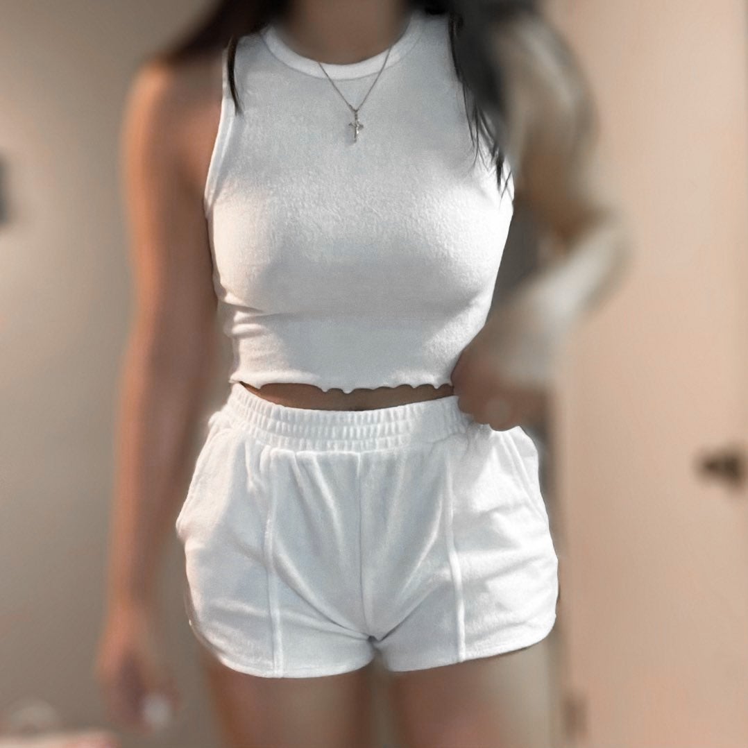 white terry cloth shorts set