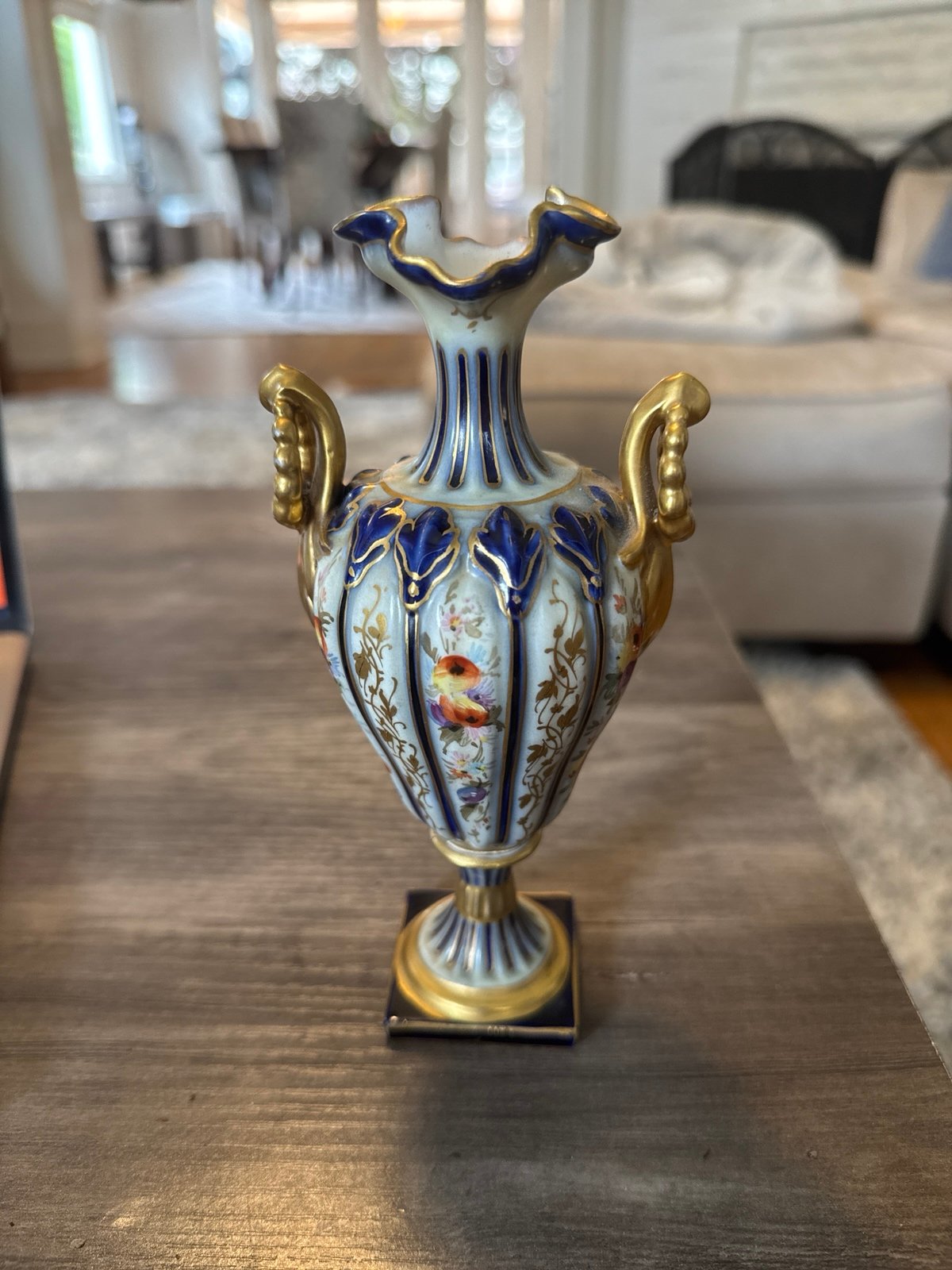 Antique Rudolstadt porcelain ,2 handled vase with guilding and fruit design.
