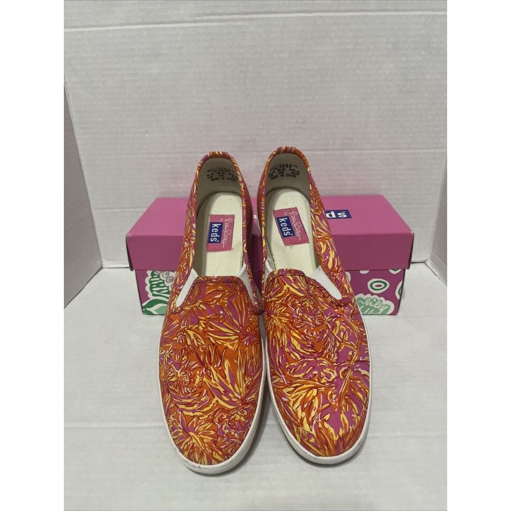 Lilly Pulitzer + Keds Loafer Sneaker Slip On Shoe Women Sz 9 Orange Pink Floral