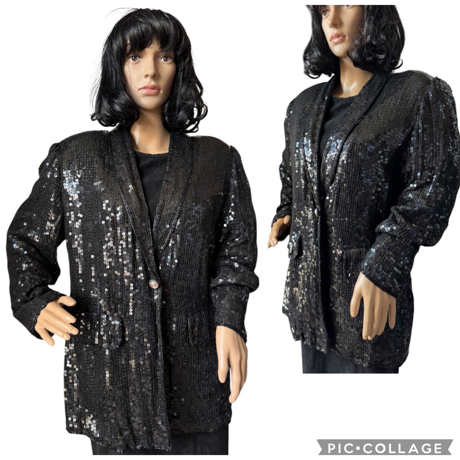 American Vtg Black Silk Sequined Formal Occasion one button Blazer coat medium