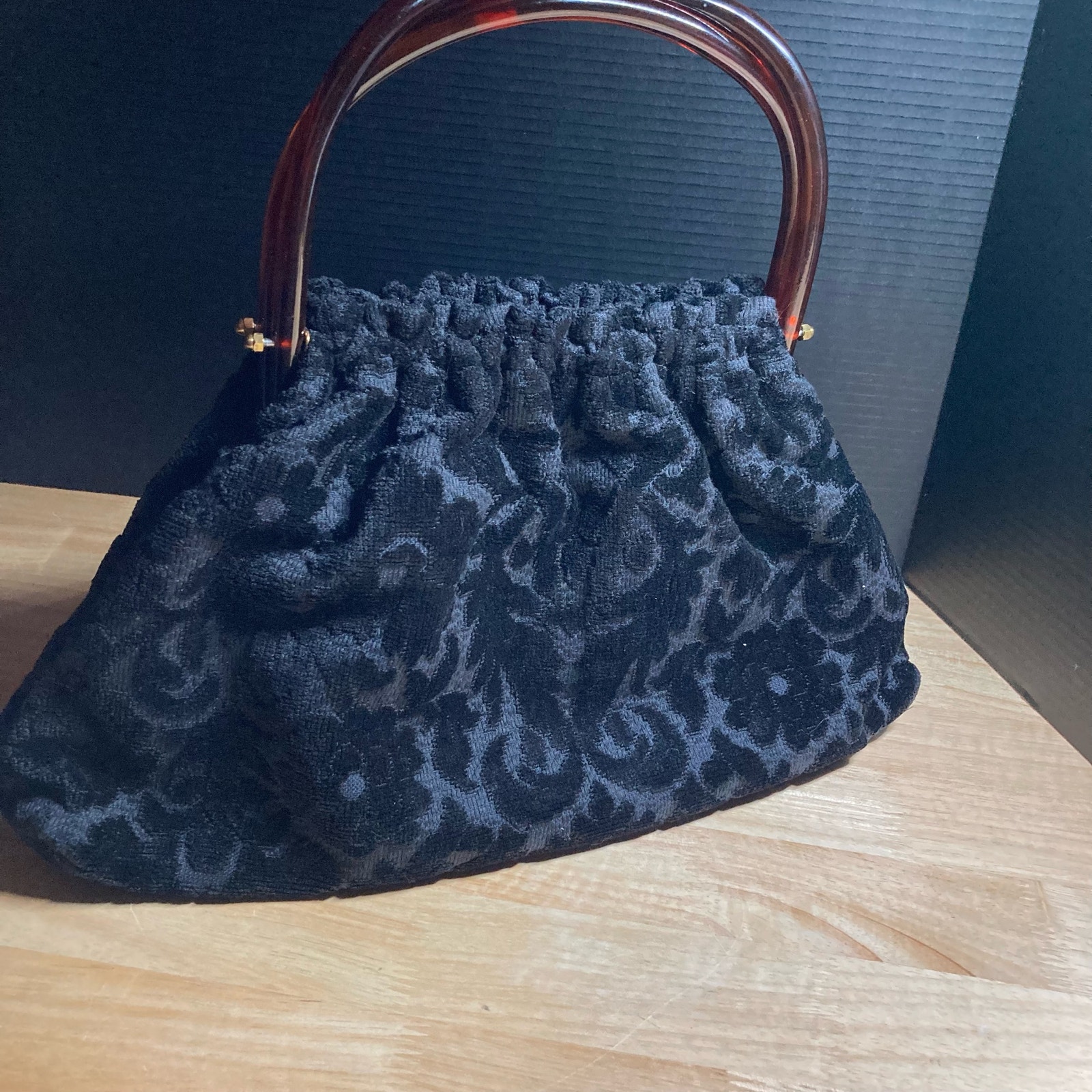 JR Florida Black Burnout Velvet Bag with Faux Tortoise Locking Handles