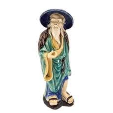 Vintage Oriental Wise Man Mudman Ceramic Figurine With Blue Hat Green Robe JE276