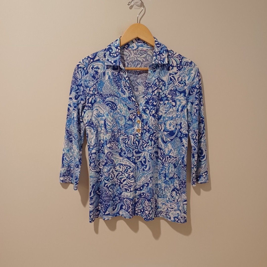 Lilly Pulitzer Ansley Polo Shirt 3/4 Sleeve Top Sz Medium Royal Blue 60 Animals