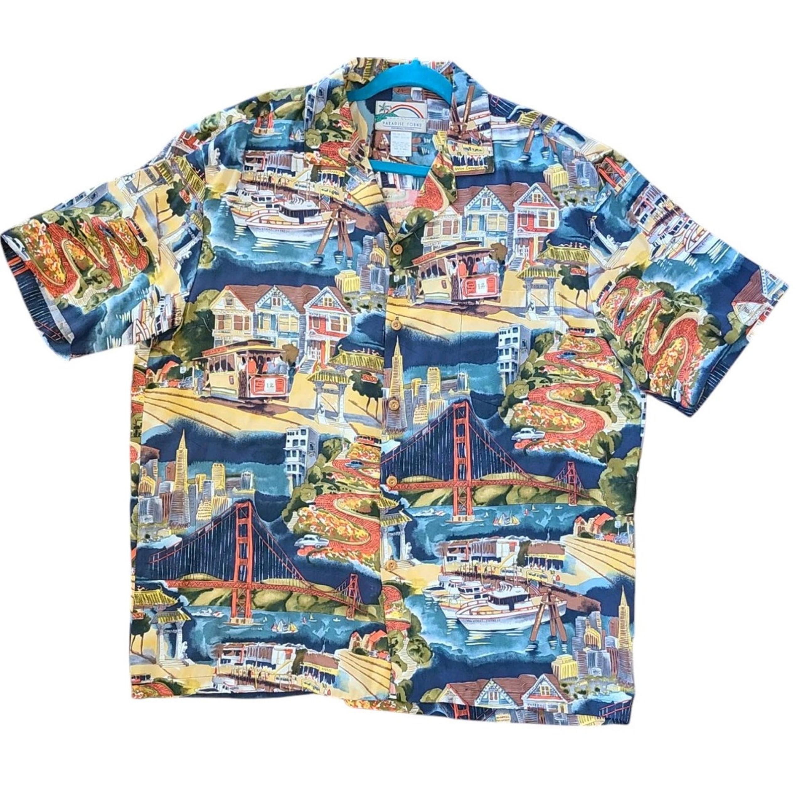 Vintage Paradise Found CALI San Francisco AOP Hawaiian Aloha Button Up Shirt | L