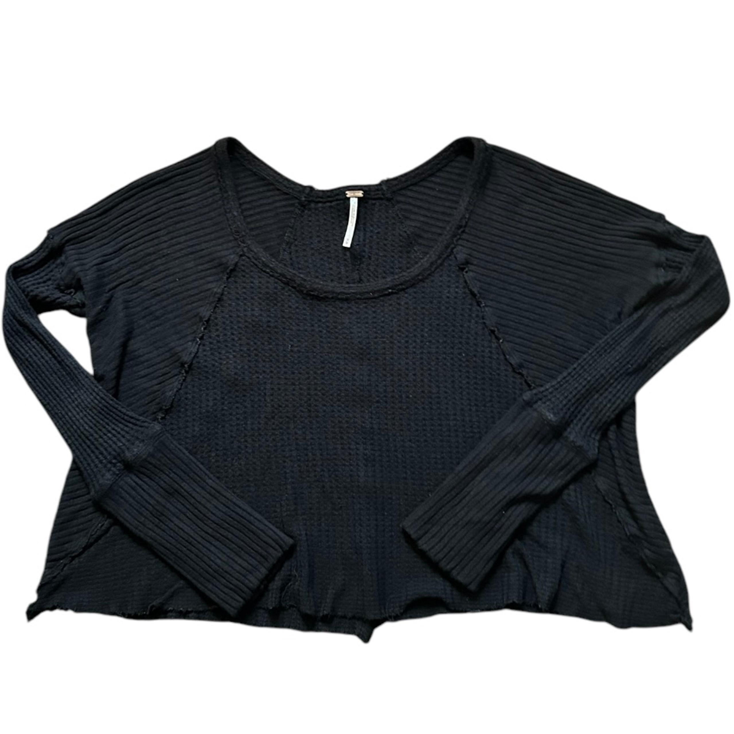 Free People Black Waffle Knit Raw Hem Long Sleeve Crop Top