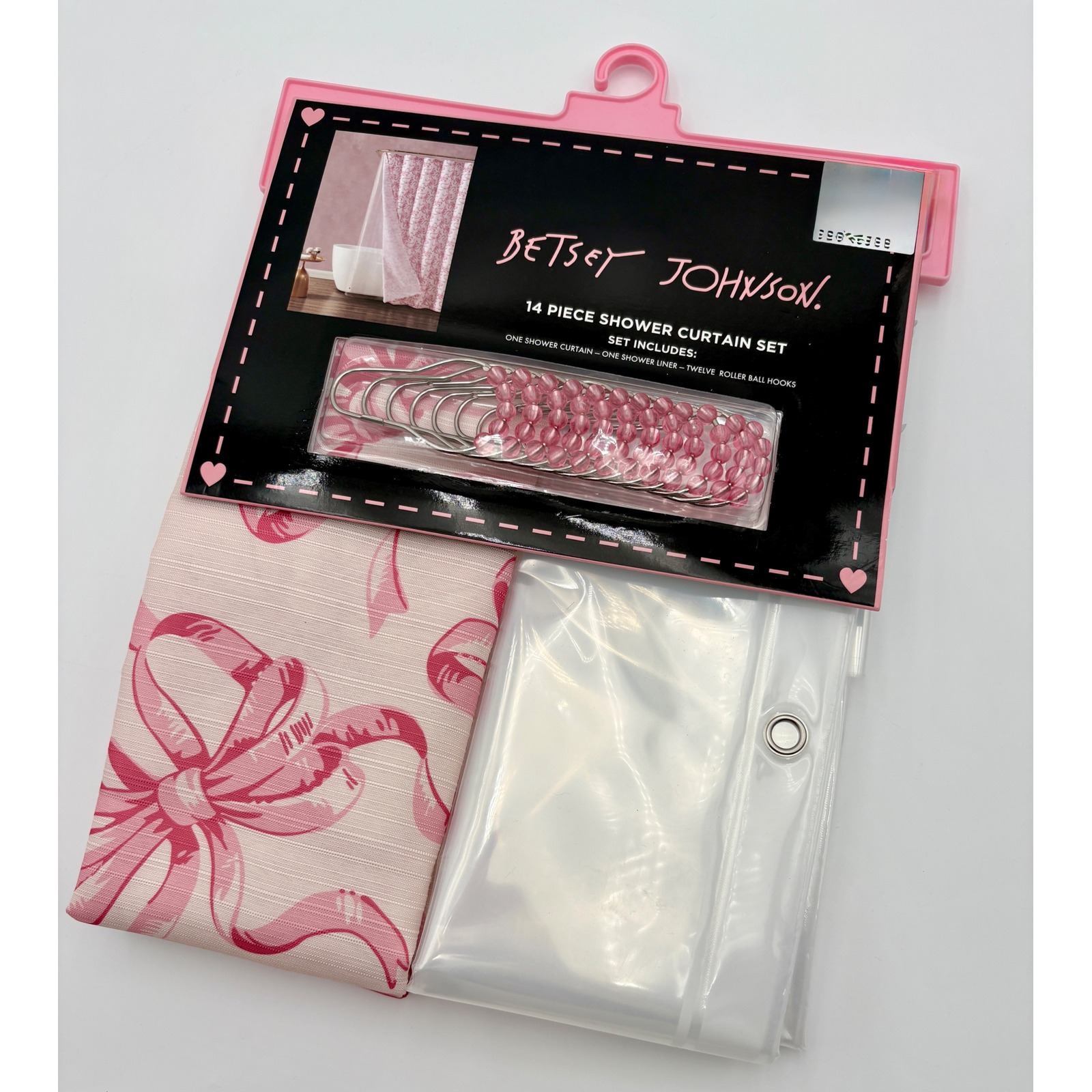 Betsey Johnson COQUETTE Shower Curtain Set 14 Piece Pink Bows Liner Hooks New