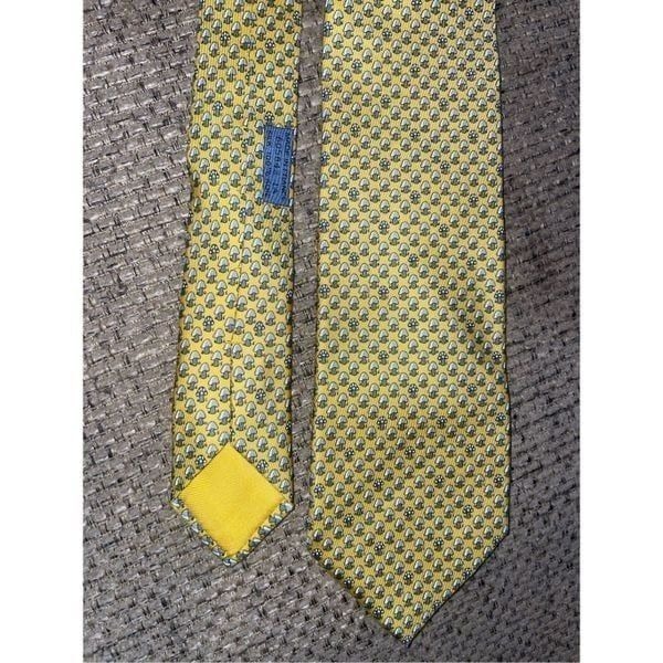 HERMES TIE 605842 IA Blue Mushroom on Yellow Silk Necktie