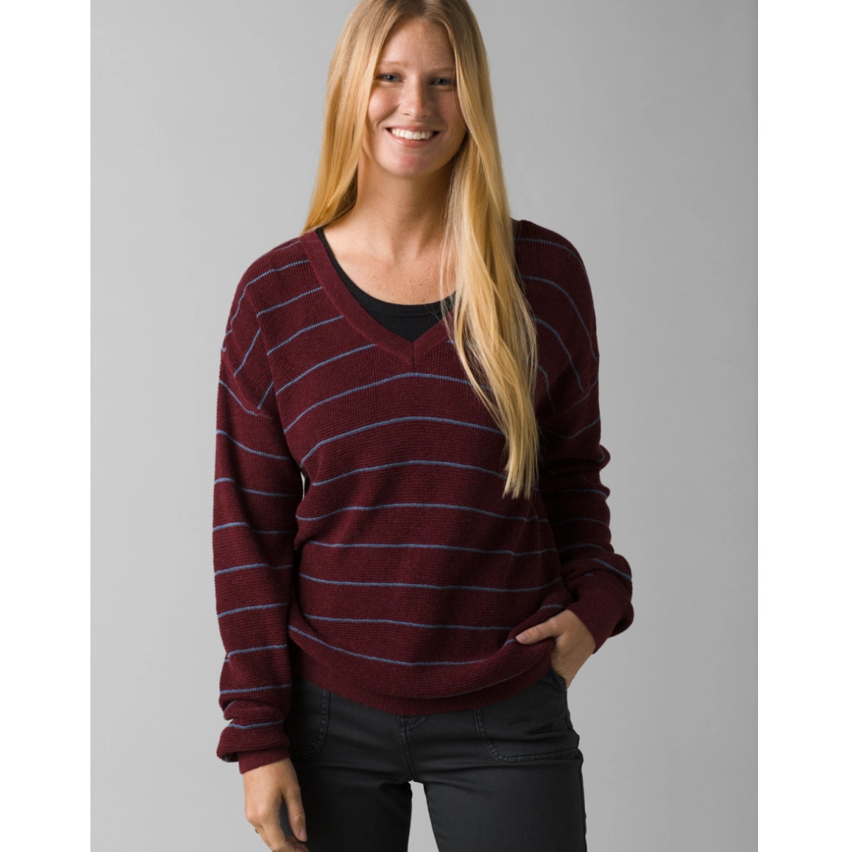 Prana Milani Women's V-Neck Long Sleeve Knit Lightweight Maroon Sweater Large
