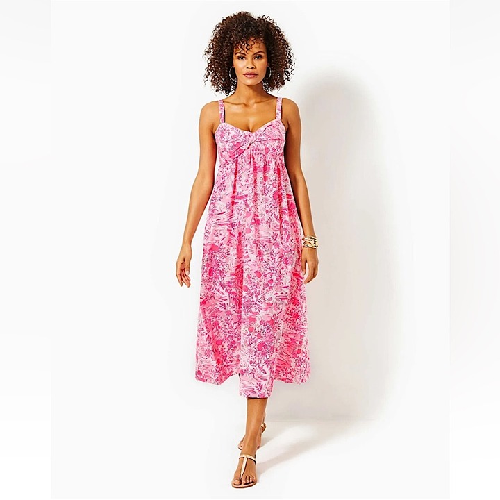 Lilly Pulitzer Azora Cotton Midi Dress Peony Pink Seaside Scene 14