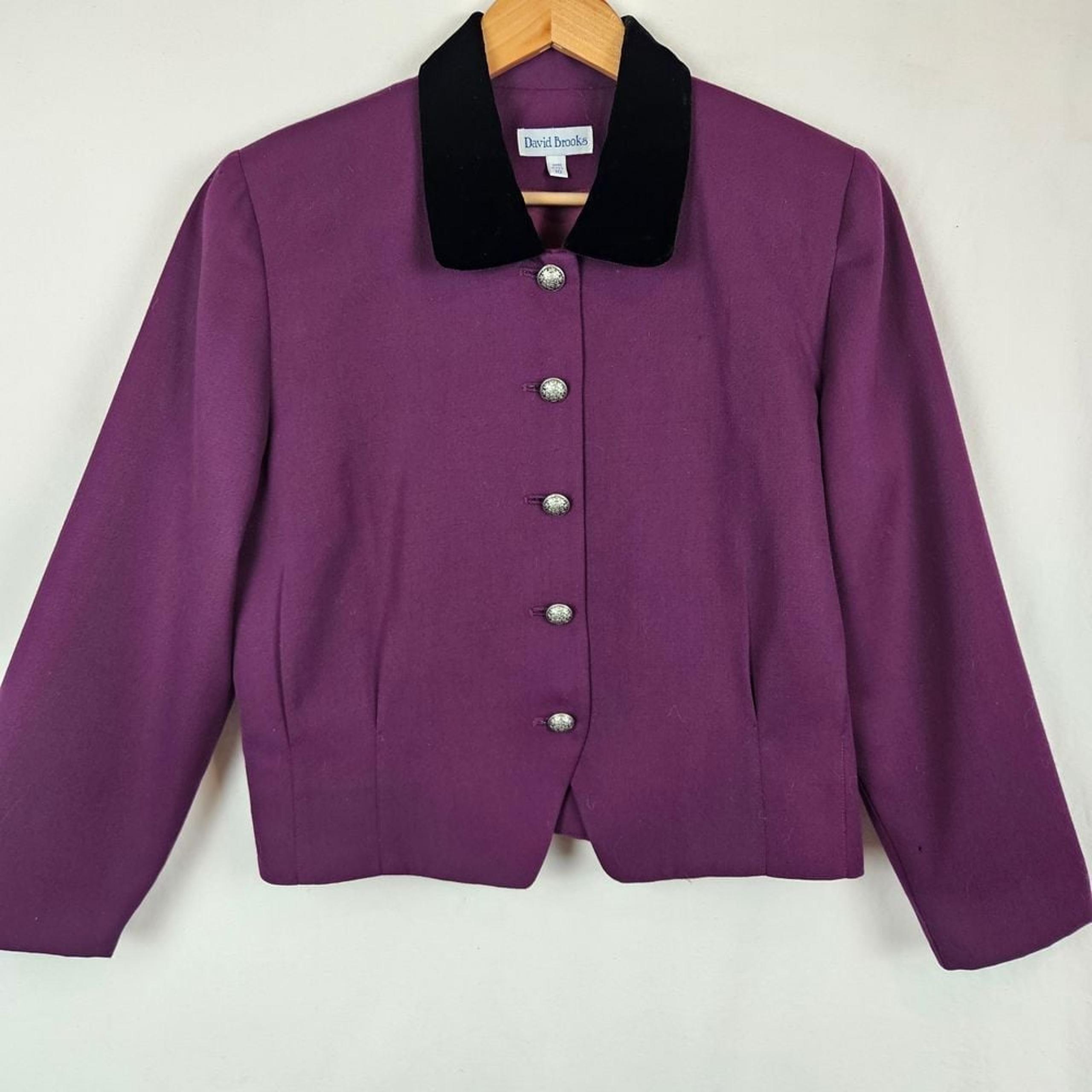 David Brooks 100% wool vintage skirt blazer suit purple black silver, size 10