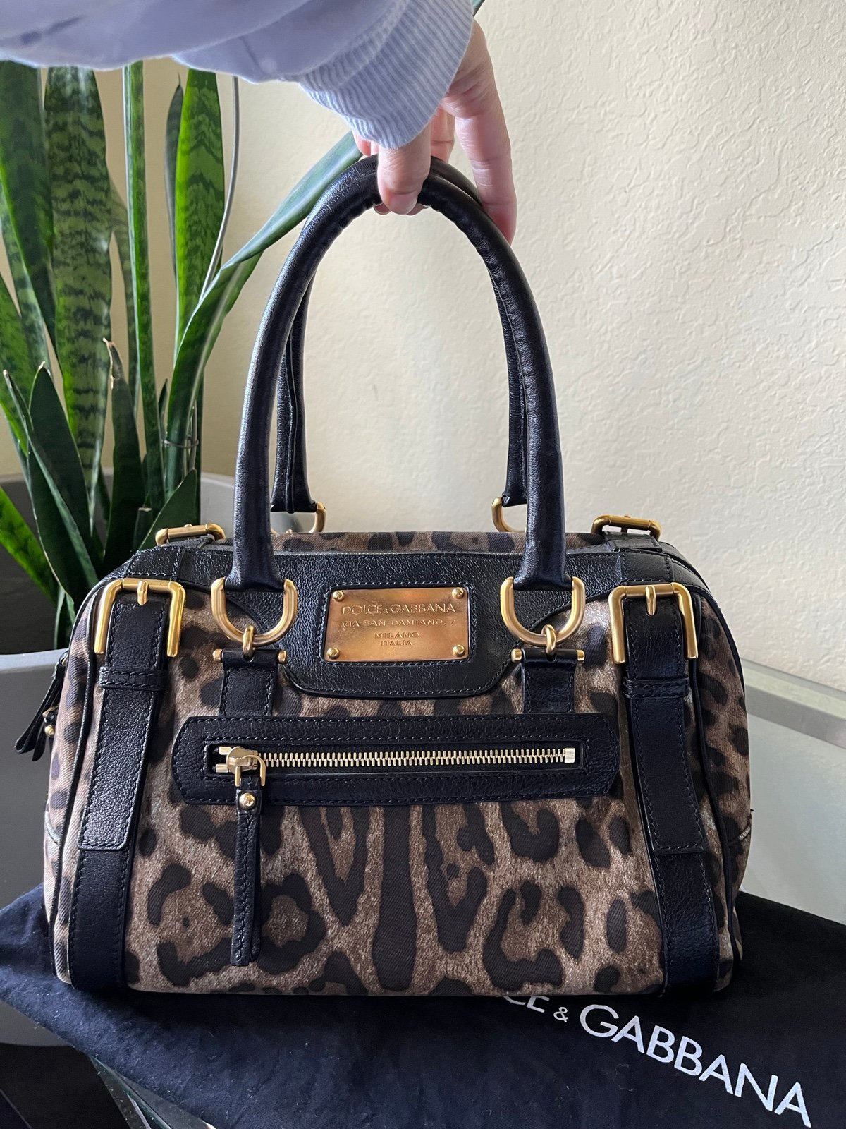 Dolce & Gabbana Leopard Miss Easy Way Boston Bag. Gold tones and black leather.
