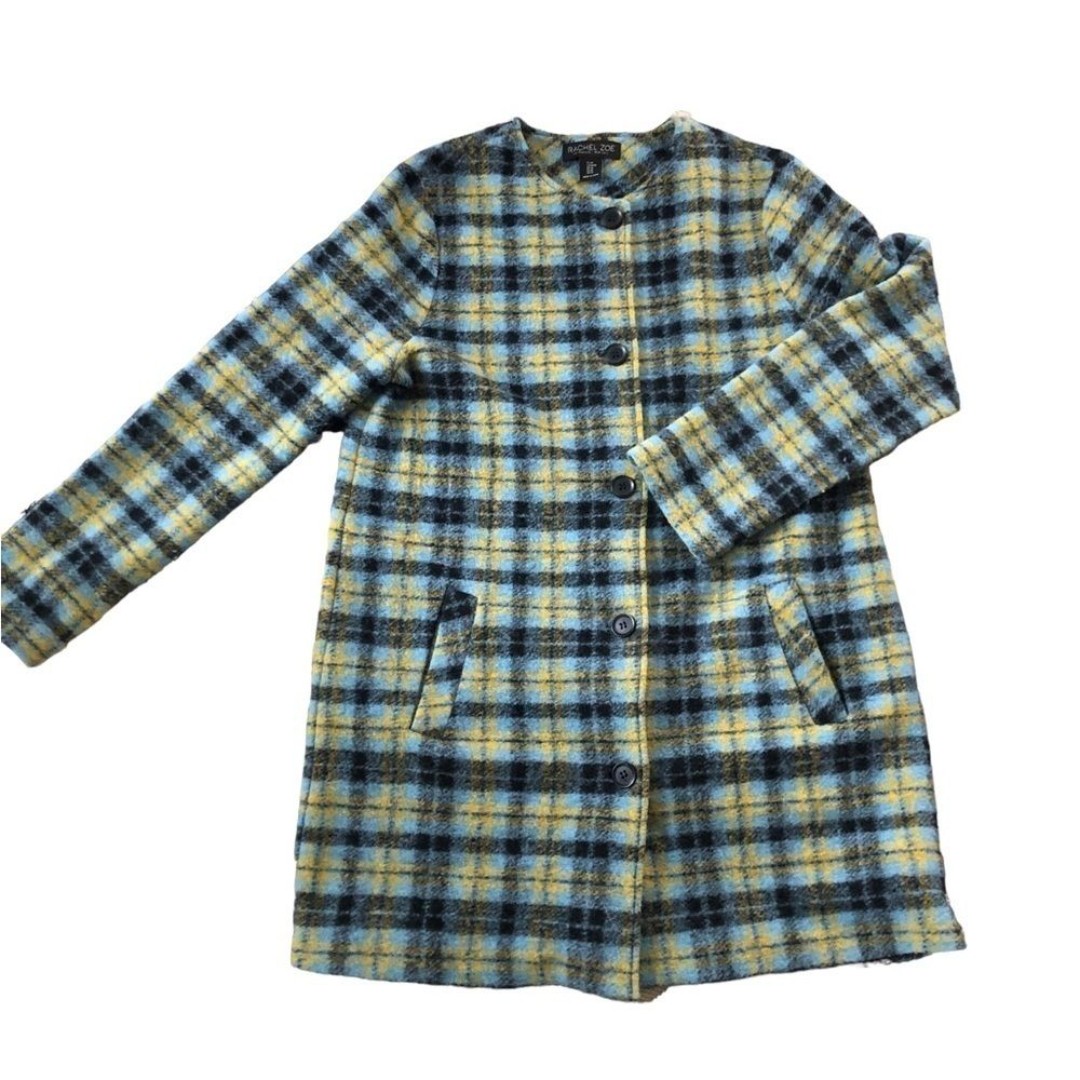 Rachel Zoe Wool Blend Plaid Button Up Coat Sz. M Blue Gold Black Pockets Cozy