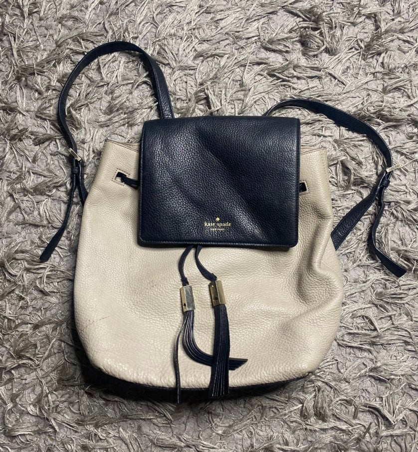 Kate Spade Grey Street Wilder Drawstring Bag Backpack Tassel Leather Beige Black
