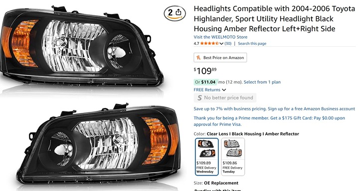 2004-2006 2004-2006 Toyota Highlander Headlights