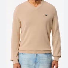 Lacoste Vintage Cashmere Blend Tan/Khaki V-Neck Soft Sweater Unisex Size 5 (M)