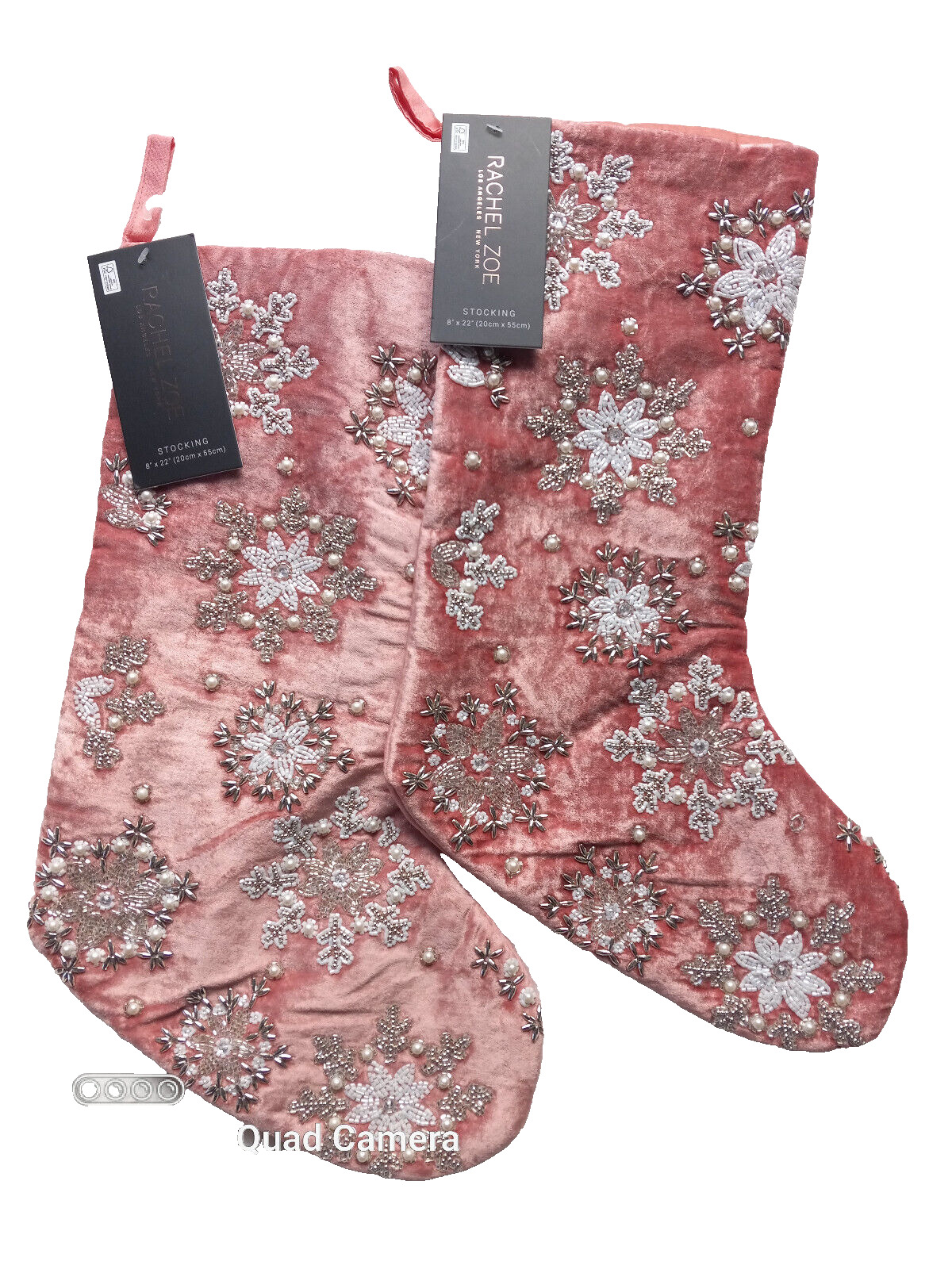 Set of 2 Rachel Zoe Peach & Silver Beaded Jeweled Christmas Holiday Stocking 22