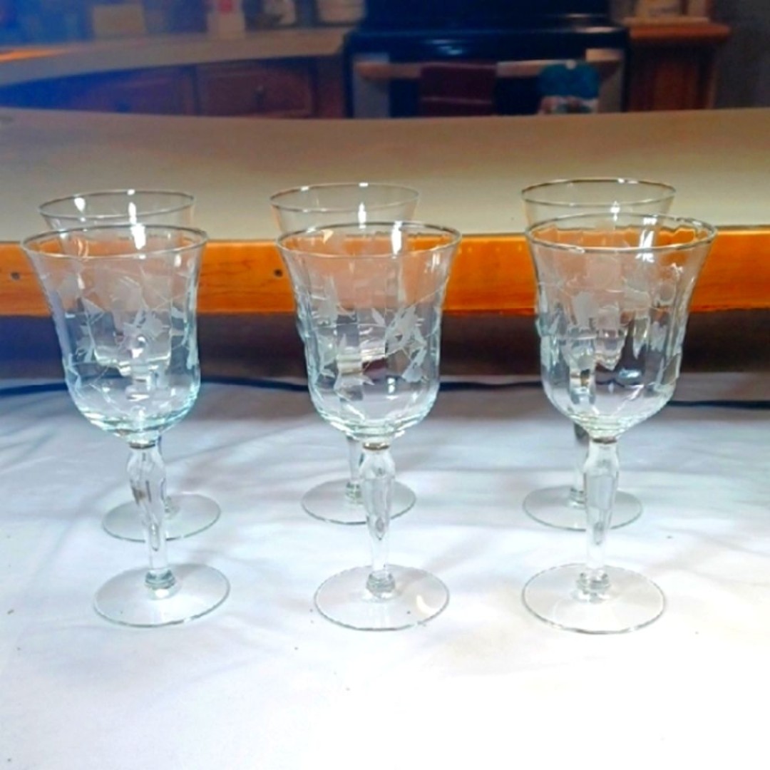 Princess House Rare Etched Floral Wine Glass Set 6 7.5 T