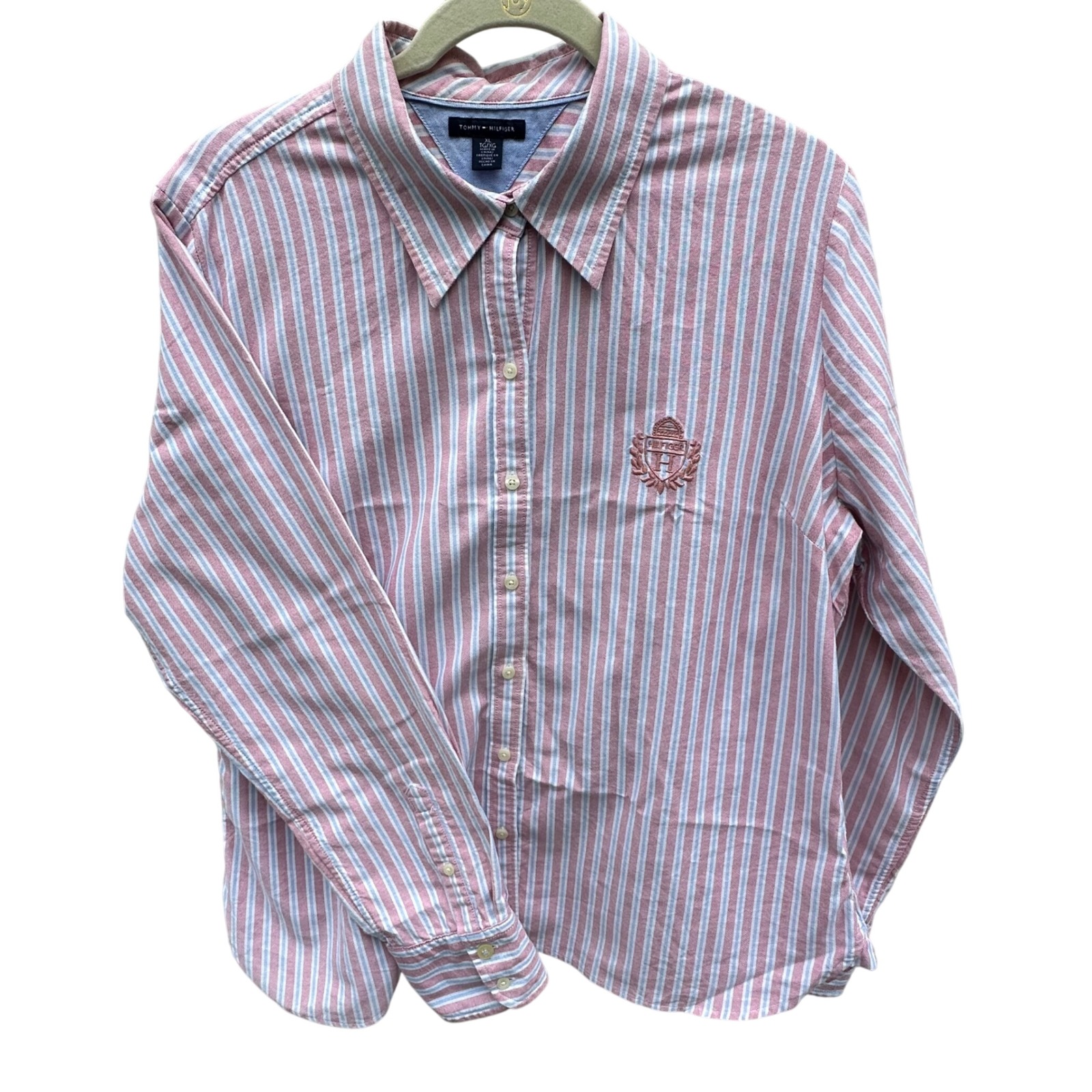 Women's Tommy Hilfiger Striped Button Down Shirt Crest Logo XL