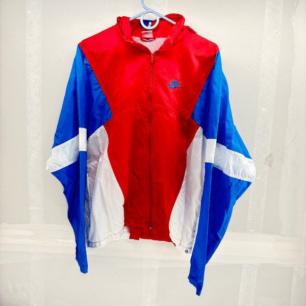 Vintage Nike Windbreaker Hooded Mens L Red Blue White Full Zip Logo Streetwear