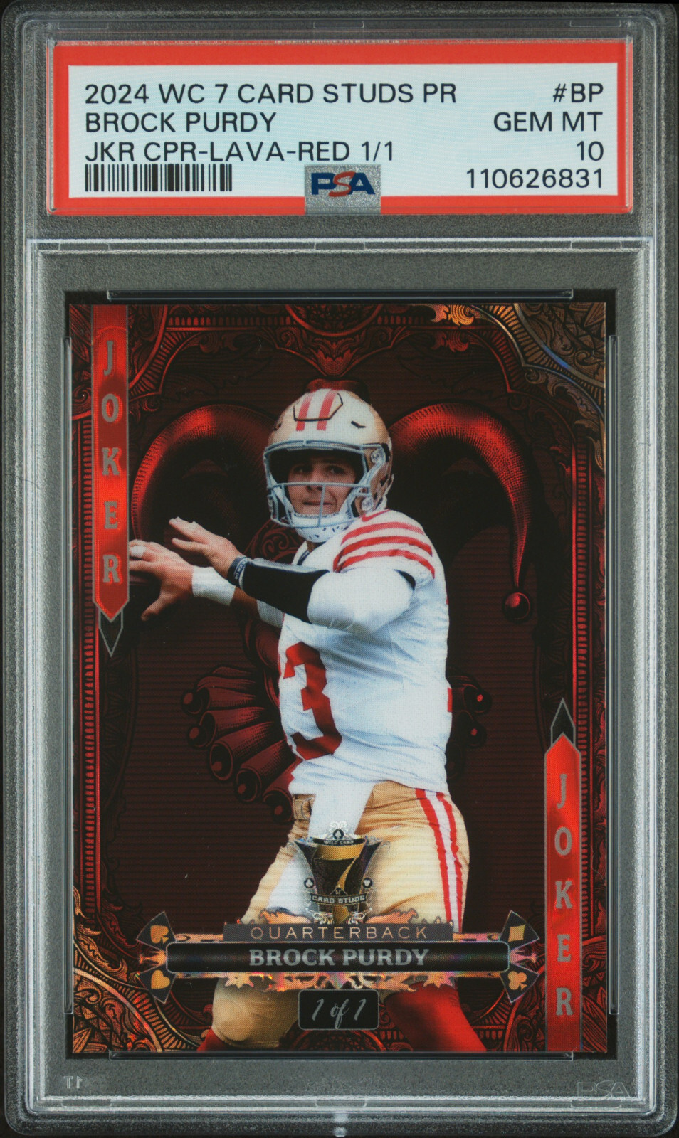 2024 WILD CARD 7 CARD STUDS PROMO JOKER #BP BROCK PURDY LAVA RED 1/1 PSA 10