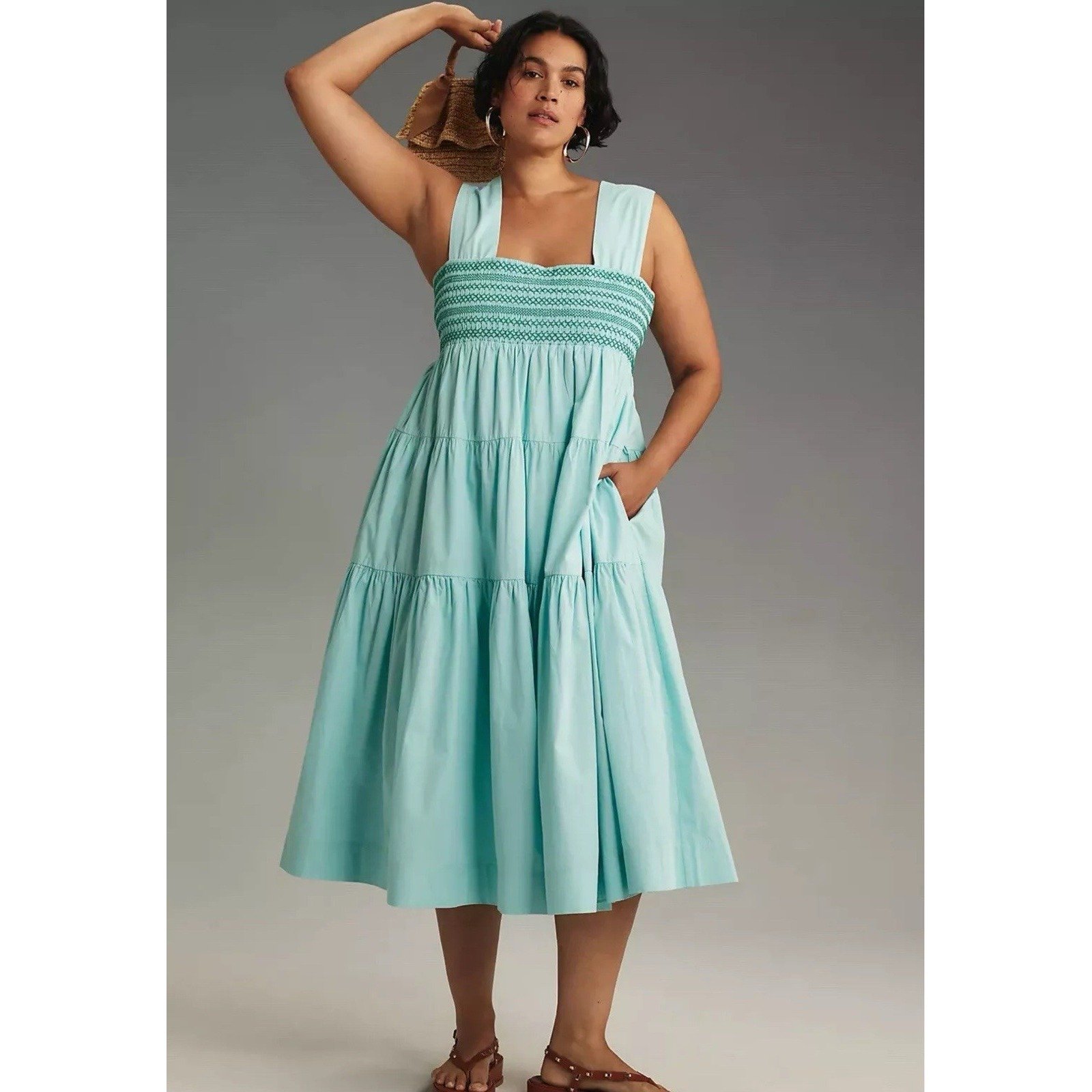 Anthropologie The Helena Square Neck Sleeveless Tiered Midi Dress Turquoise XL