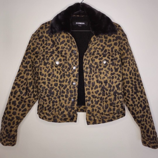 Express Leopard Print Fleece Lined Denim Jacket - Size XXS