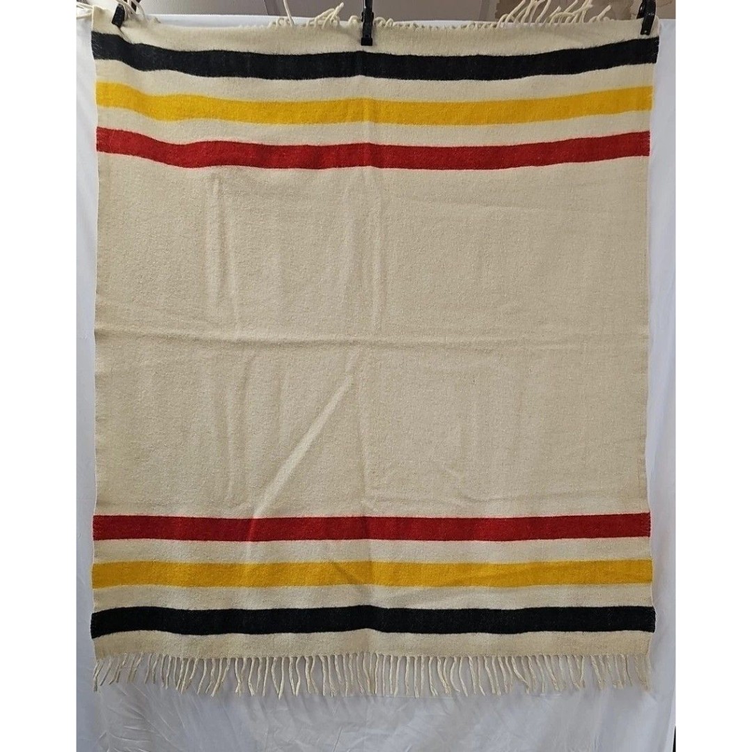 Vtg Wool Stripe Black Yellow Red Throw Camp Cabin 45 × 52 USA