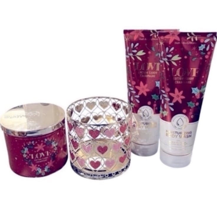 Bath and Body Works Cotton Candy Champagne Set with Heart Candle Holder