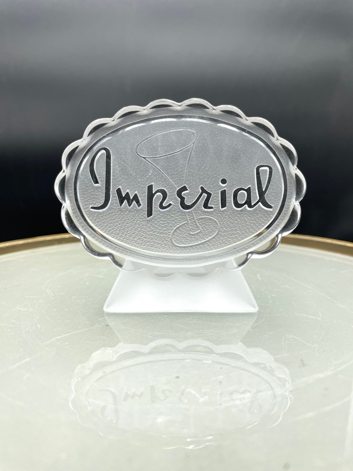 Imperial Glass Frosted Oval Dealer Store Display Table Plaque 3.75” VG