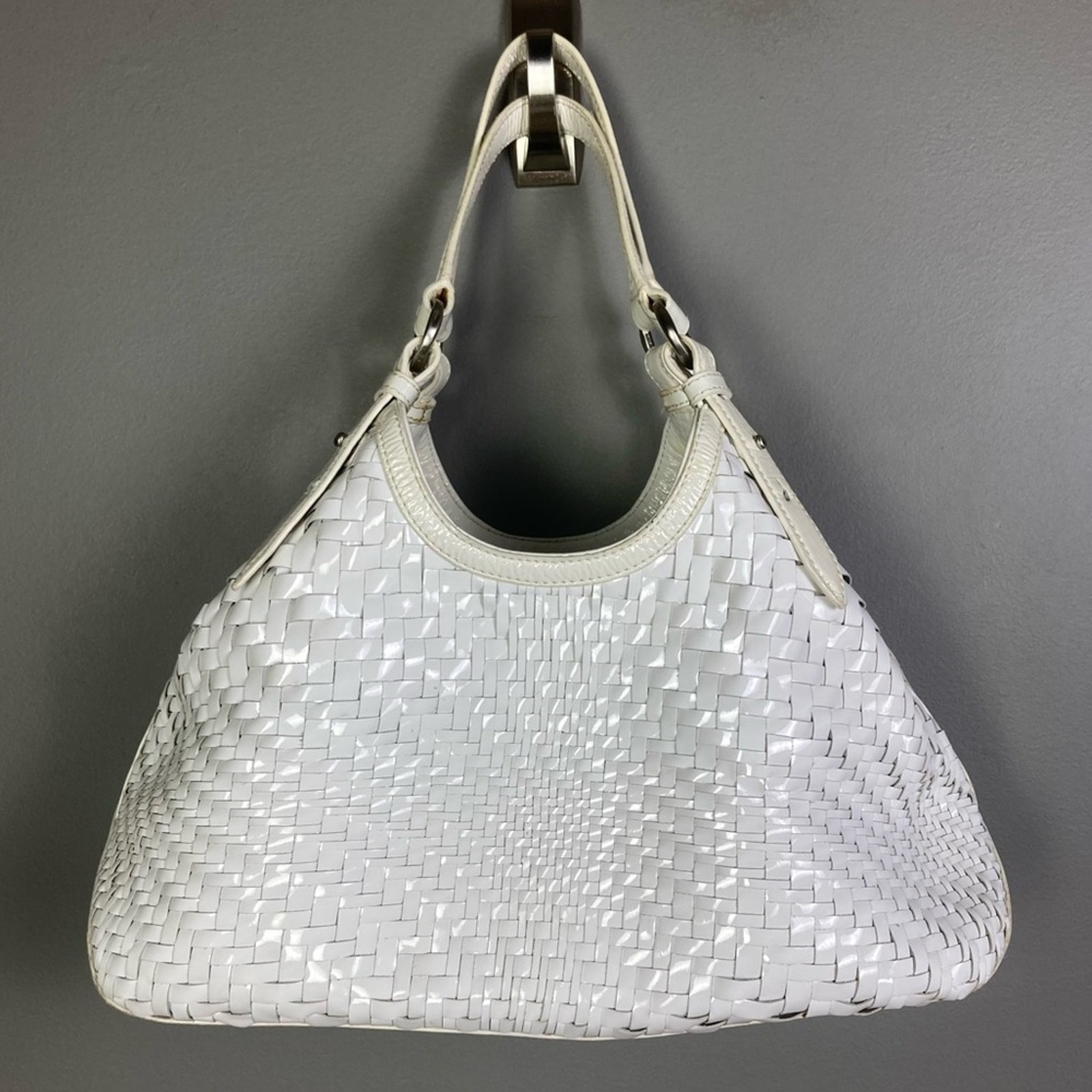 Cole Haan shoulder bag wicker mobwife woven white carryall top handle