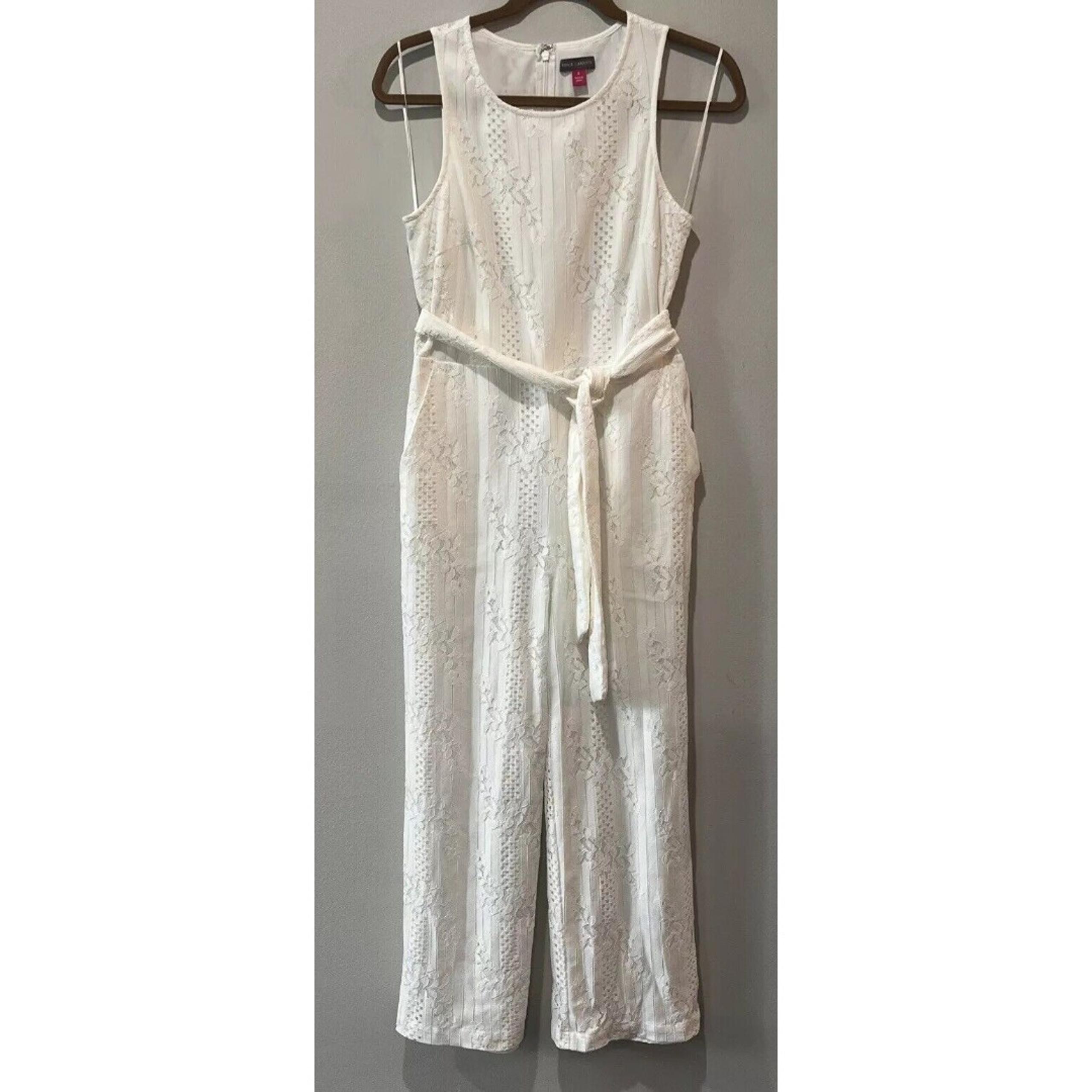 Vince Camuto Jumpsuit Women's 0 White Floral Lace Sleeveless Belted Cropped