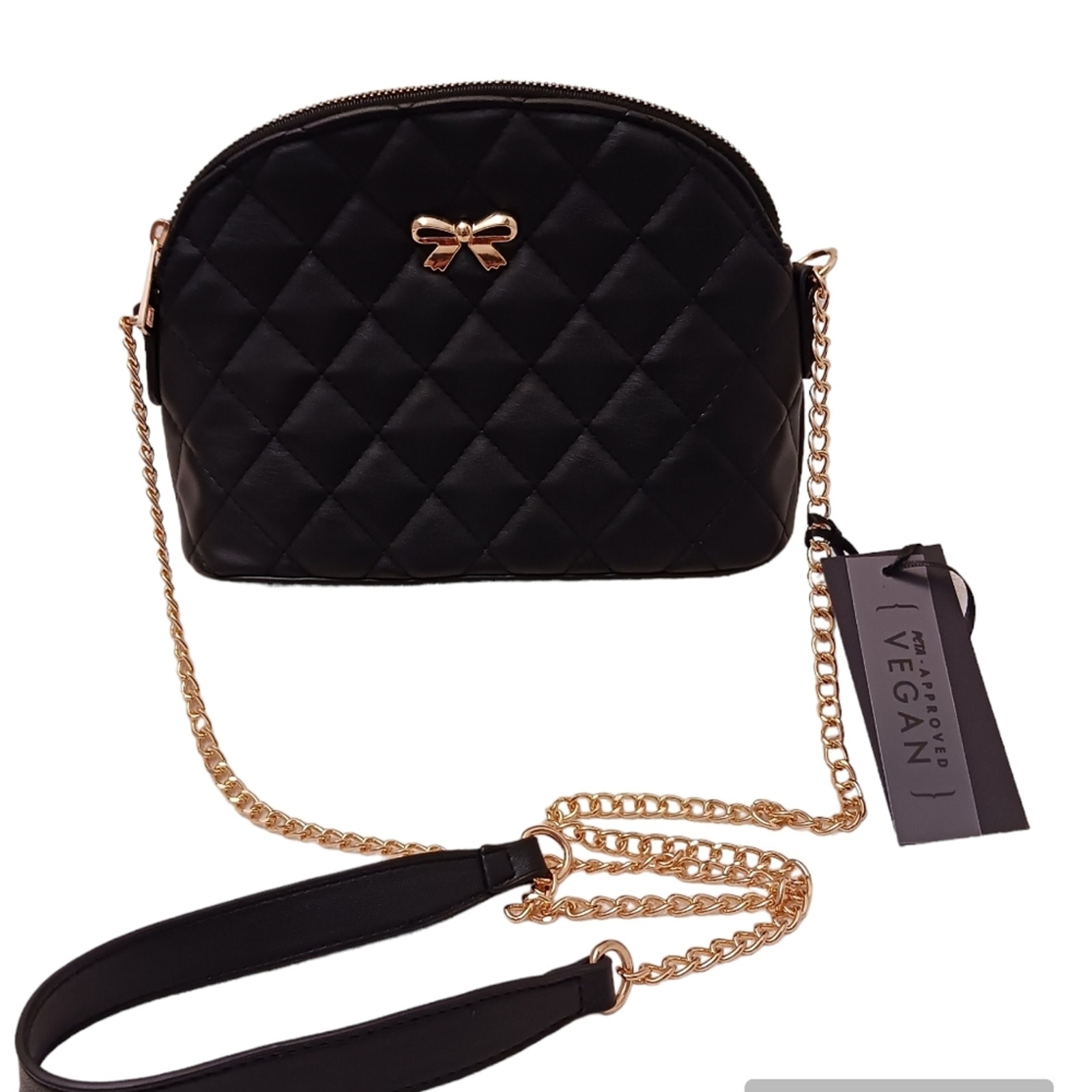 PUFF Leather Quilted BLACK Crossbody Purse Shoulder Bag w Chain Strap NEW