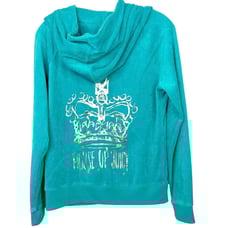 VINTAGE JUICY COUTURE Y2K “House of Juicy” Gold Foil Crown Velour Hoodie Sz. M