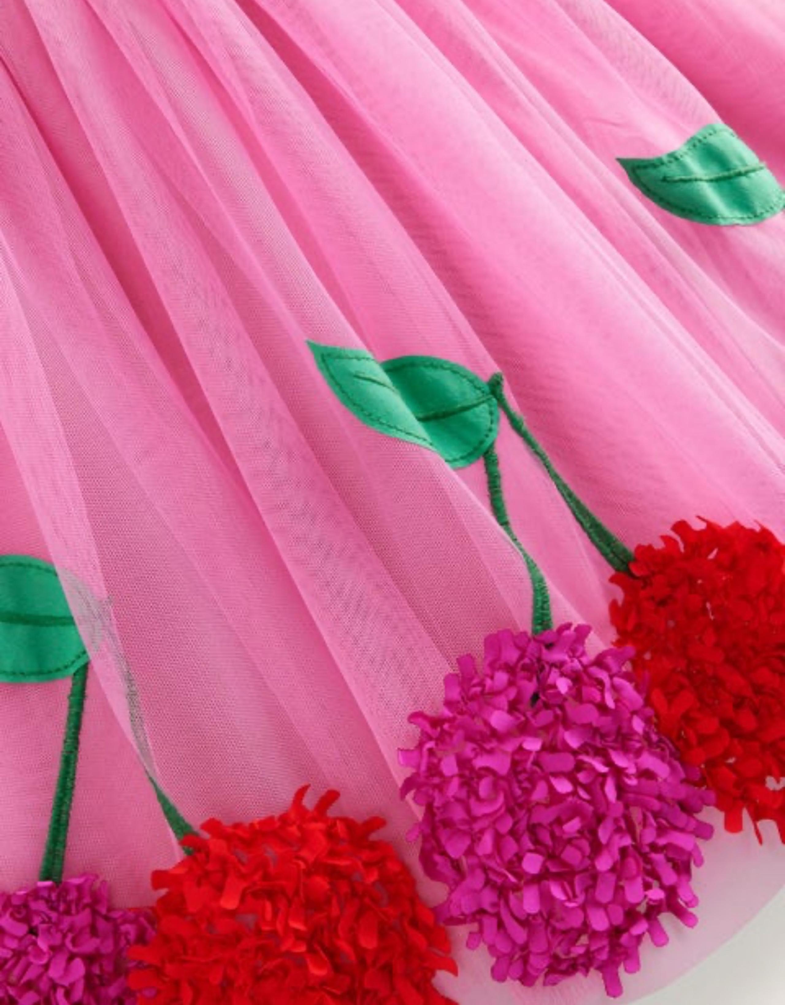 Mini Boden jersey tulle appliqué dress, pink cherries, size 7-8y